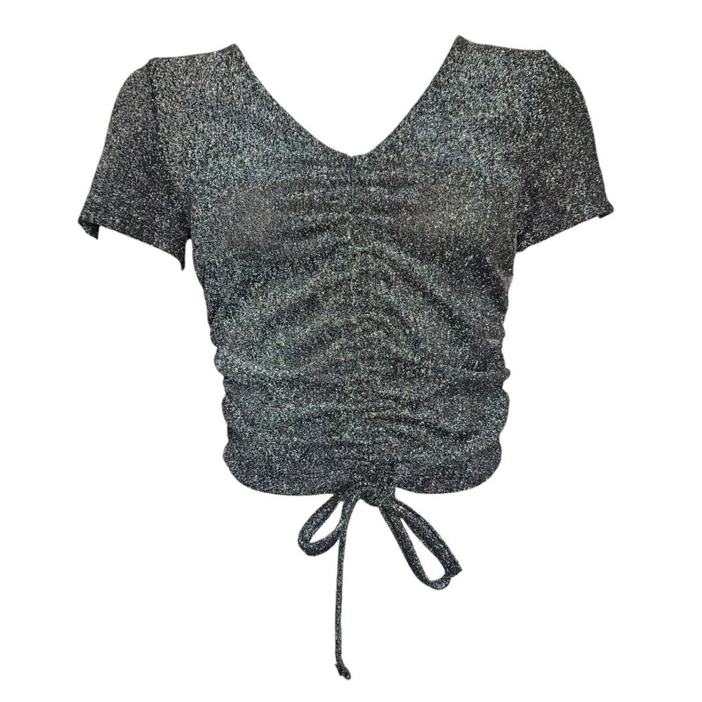 NWT FOREVER 21 Black Silver Glitter Short Sleeve Ruched Front Top Womens Size L - Picture 1 of 8